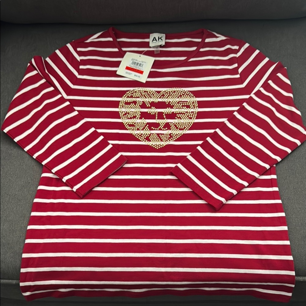 Red and White Striped Anne Klein Top with Heart Lion Design